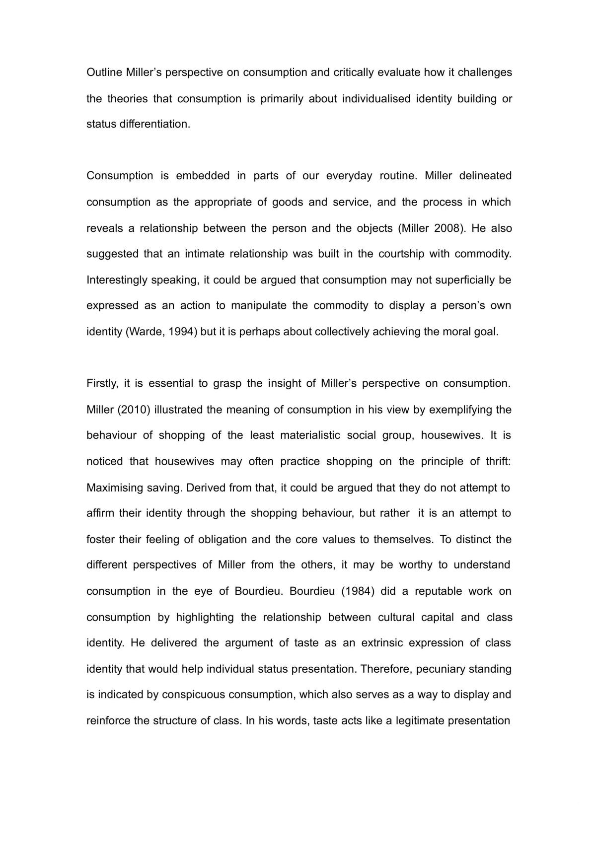 Critically evaluate how it challenges the theories that consumption is primarily about individualised identity building or status differentiation. - Page 1