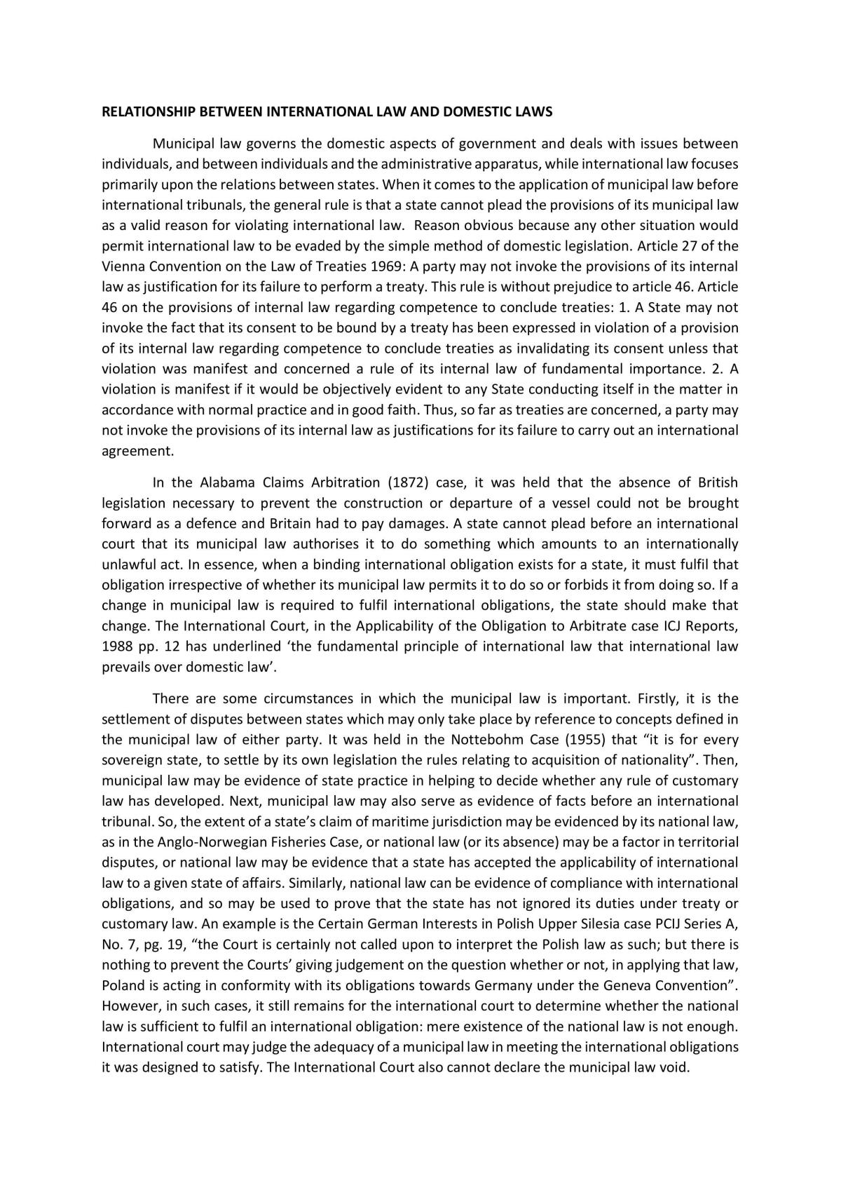 Public International Law Notes - Topic Relationship Between International Law and Domestic Laws - Page 1