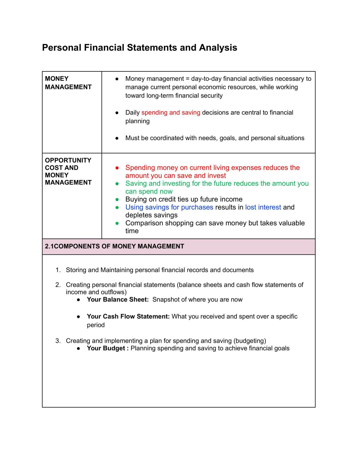 Personal Financial Statements and Analysis - Page 1