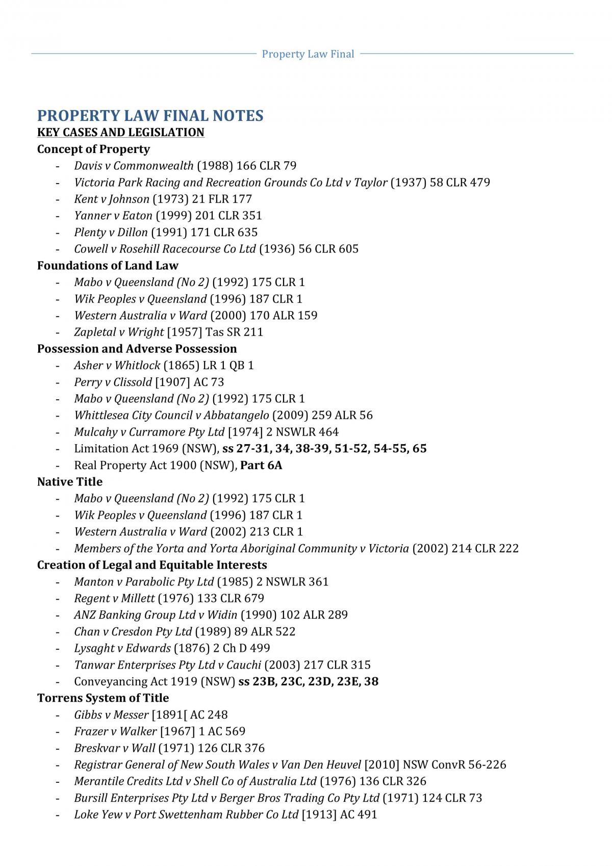 Final Study Notes for Property Law Exam - Page 1