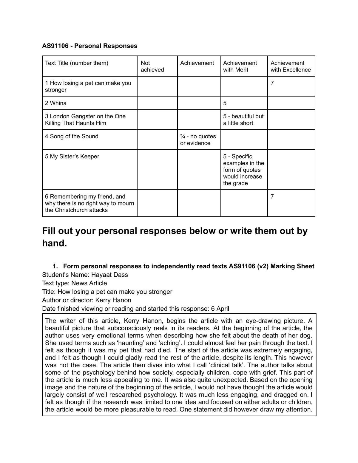 Personal Responses - Level.2 English - Page 1