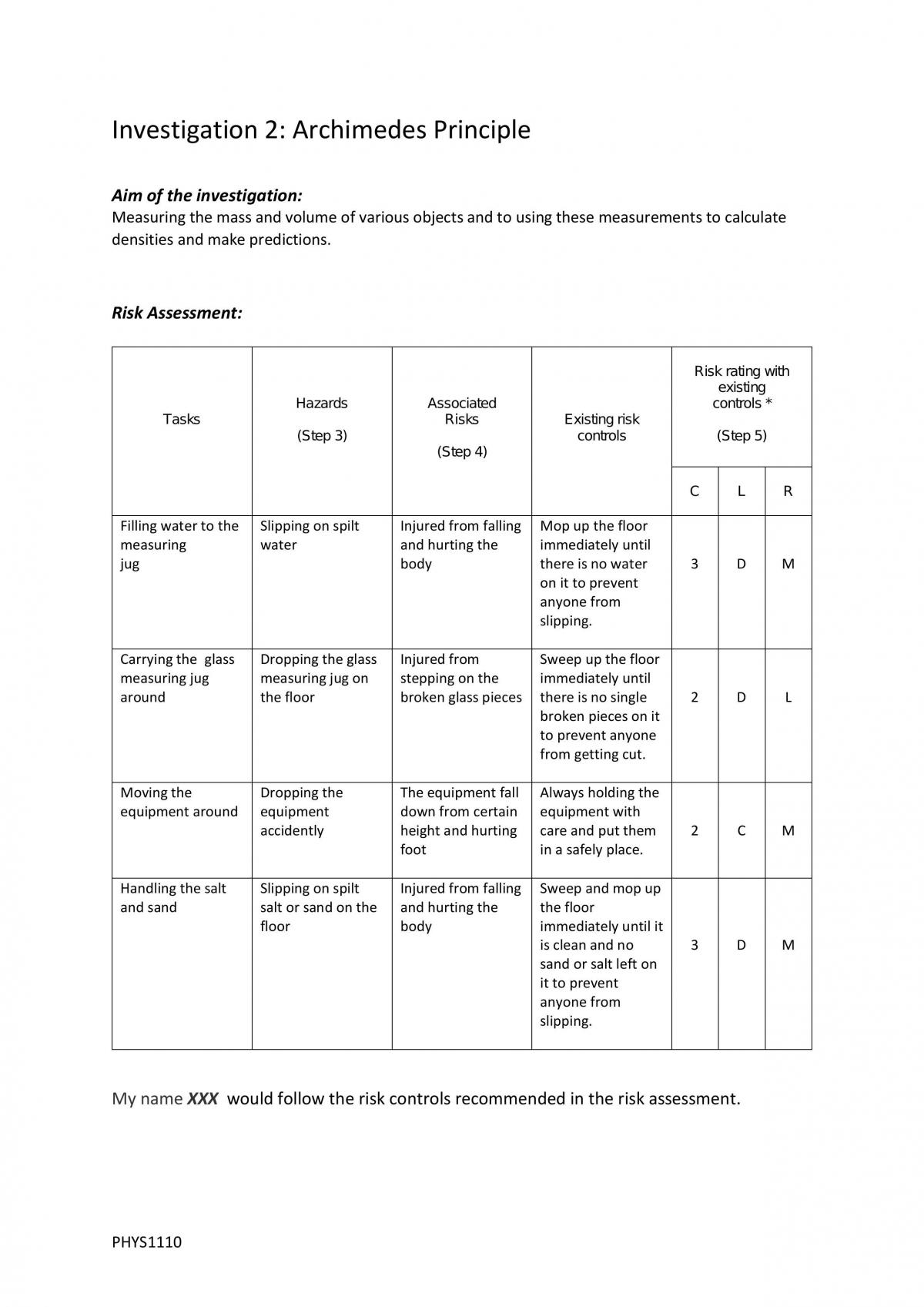 PHYS1110 Investigation 2 - Page 1