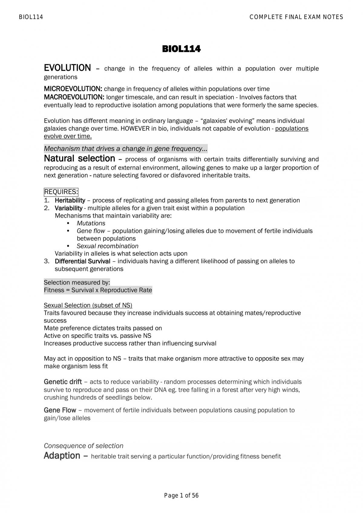 BIOL114 Complete Study Notes - Page 1