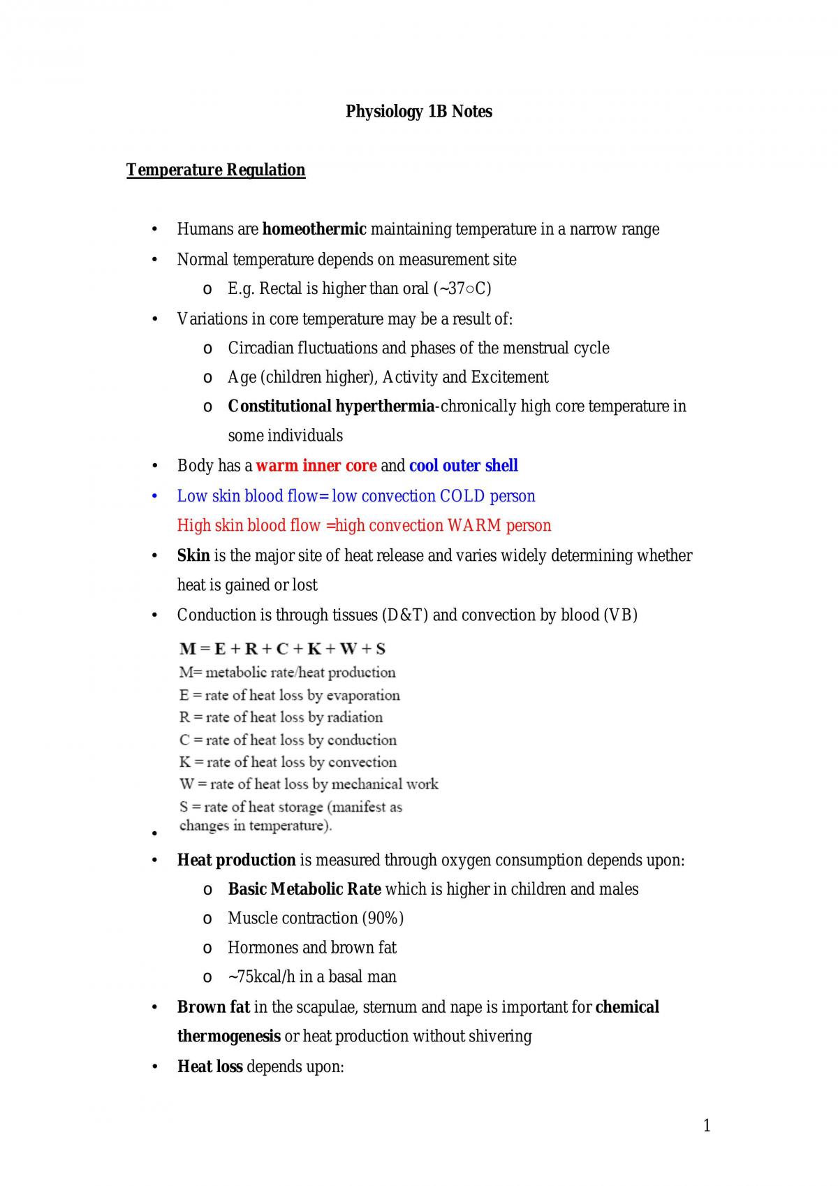 Physiology 1B Notes. Excellent For Anyone Studying The Same Subject. - Page 1