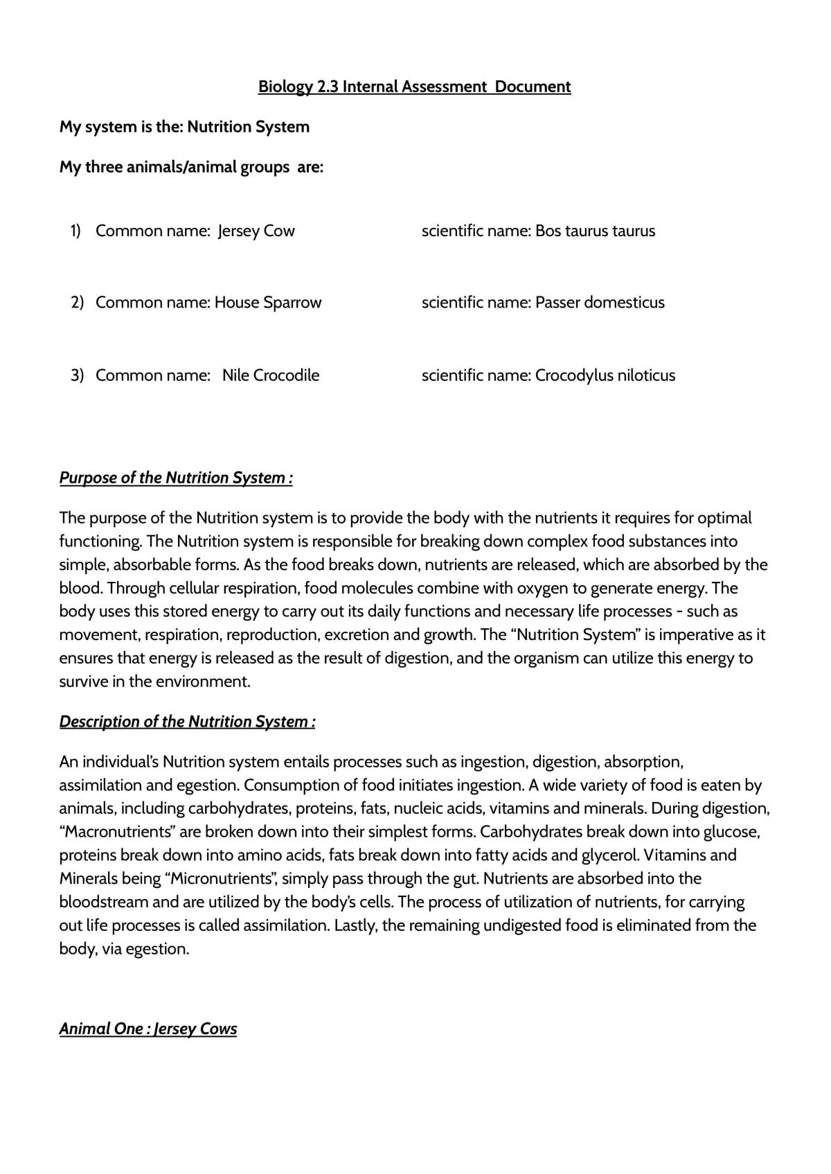 Biology 2.3 Internal Assessment Document  - Page 1