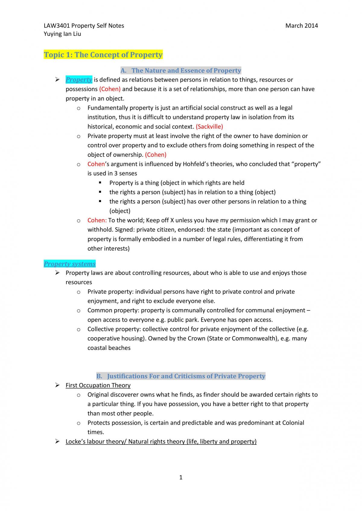 Complete Course Notes - Property Law A - Page 1