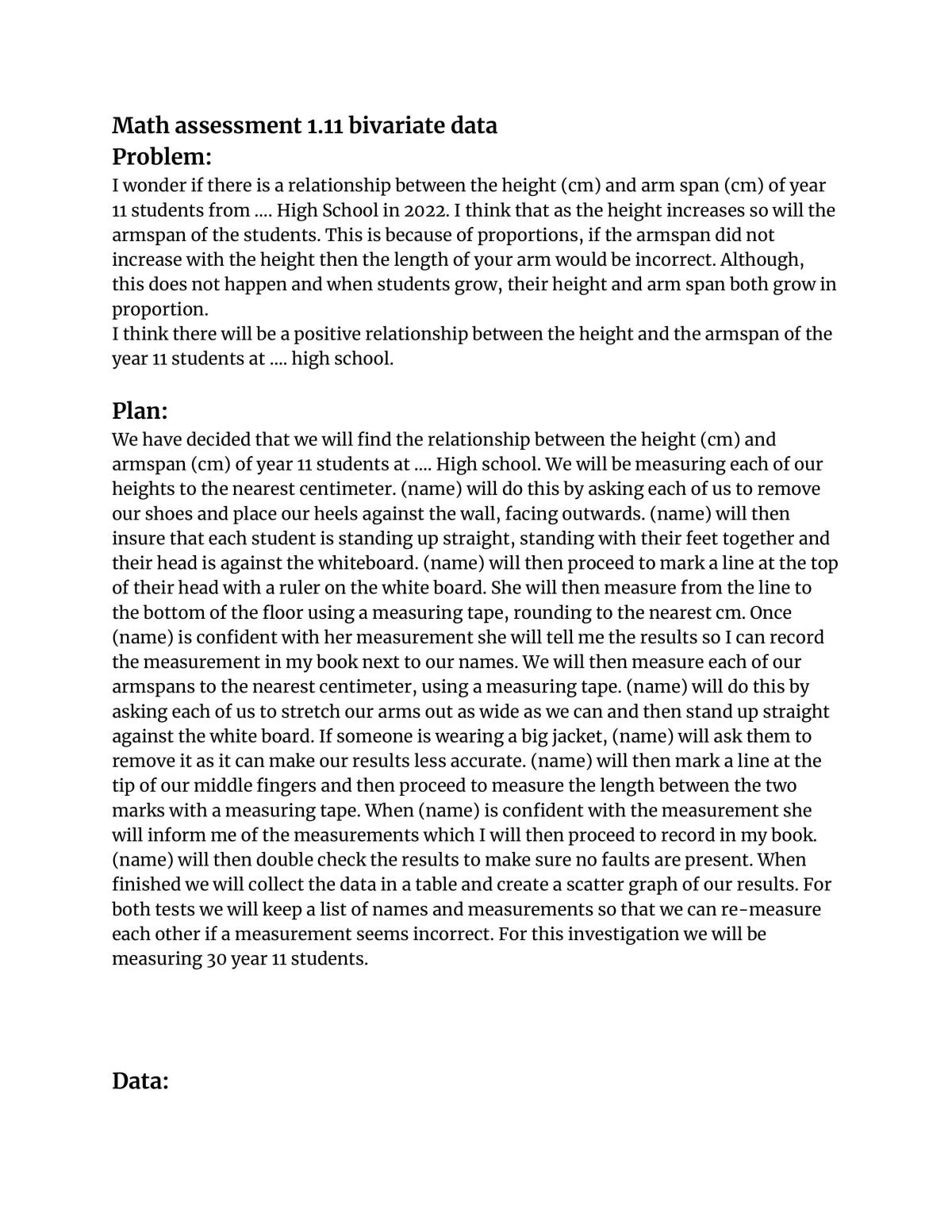 Bivariate data Math assessment  - Page 1