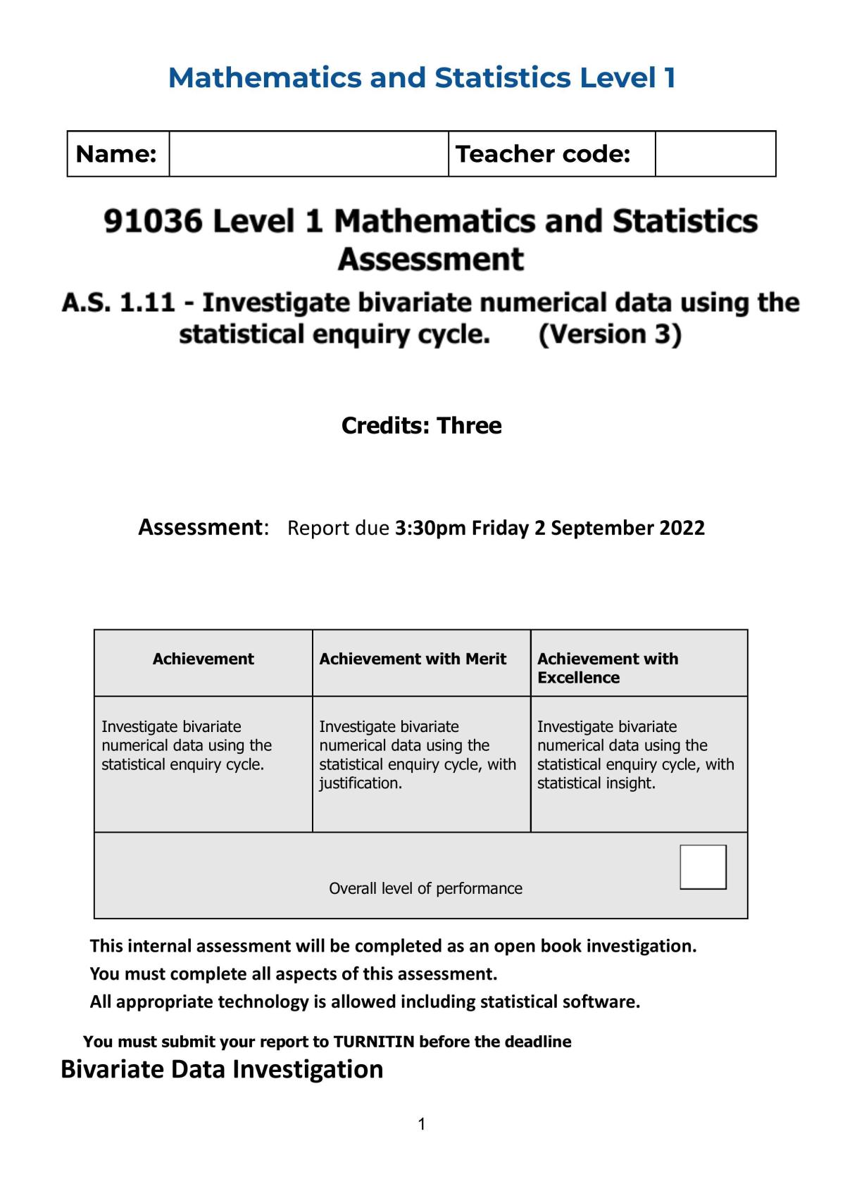 91036 Investigate bivariate numerical data using the statistical enquiry cycle - Page 1