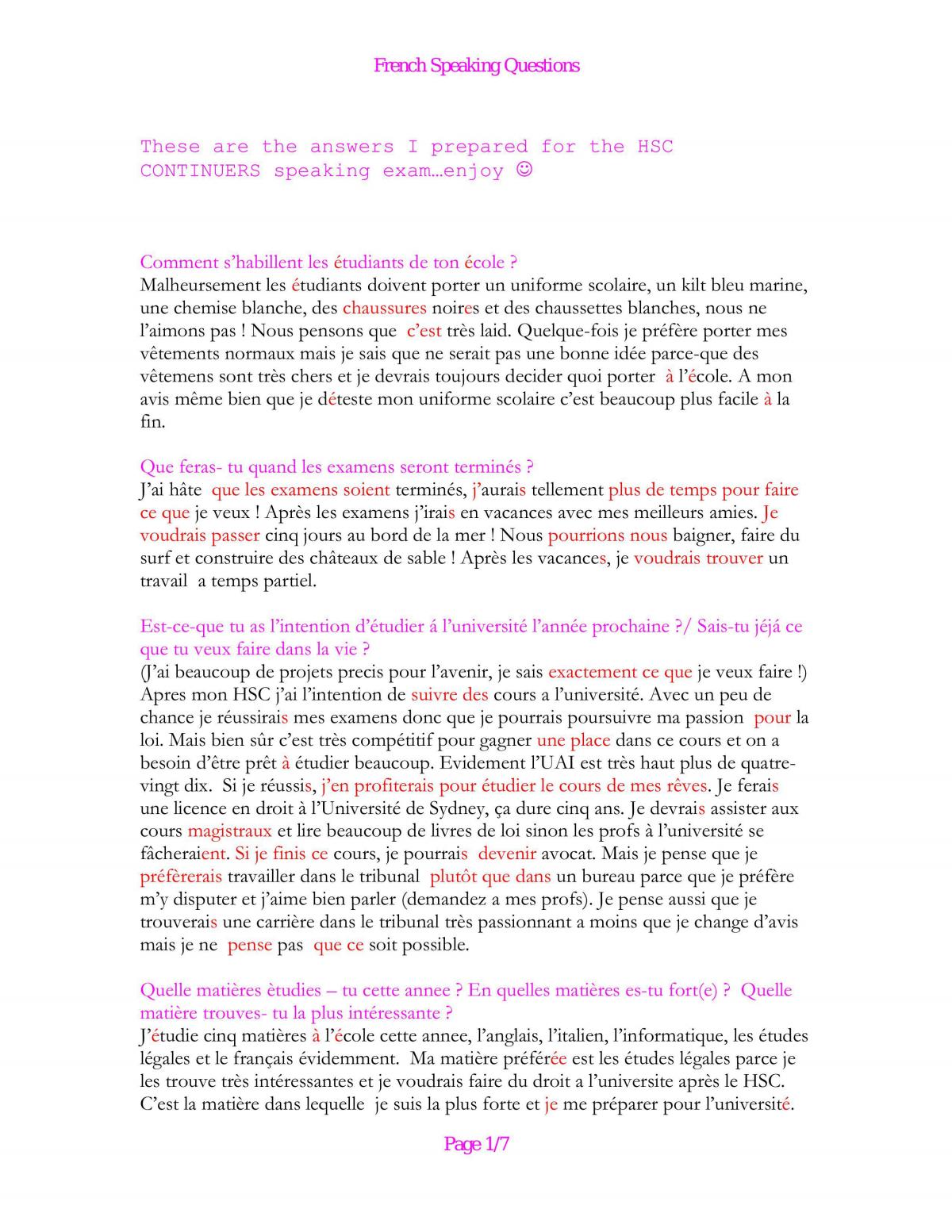 Y12 French Speaking Notes - Page 1