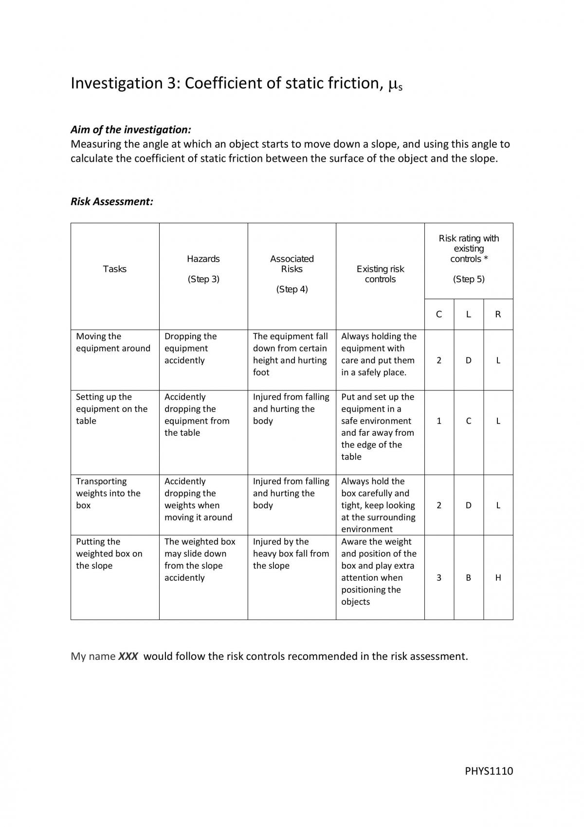 PHYS1110 Investigation 3 - Page 1