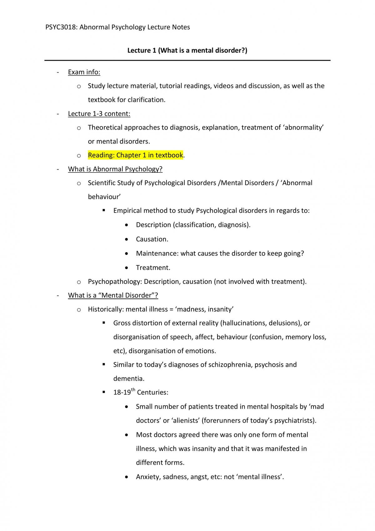 PSYC3018 Abnormal Psychology comprehensive notes  - Page 1
