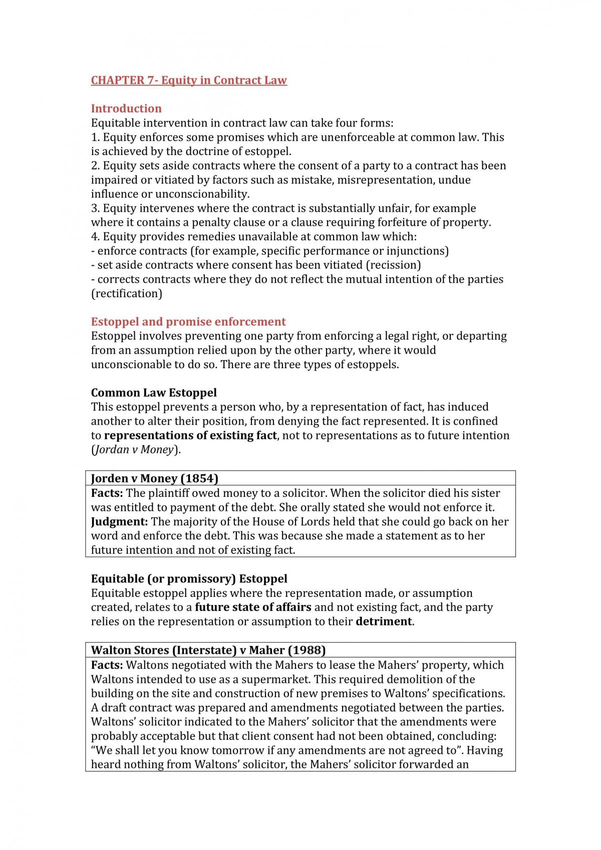 Equity in Contract Law Notes - Page 1