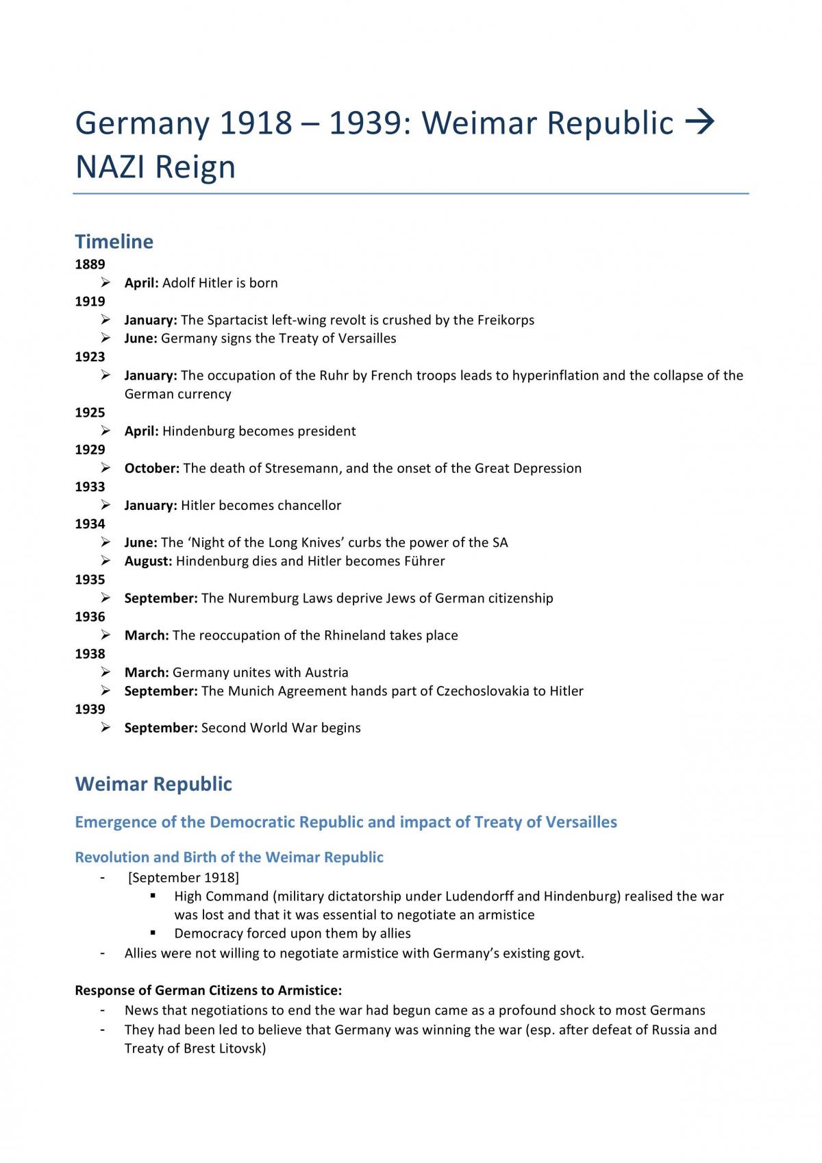 Germany 1918 - 1939 [Study Notes] - Page 1