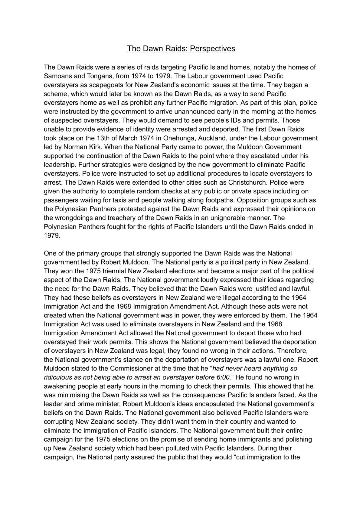 Level 1 91004 Perspectives Essay - Dawn Raids  - Page 1