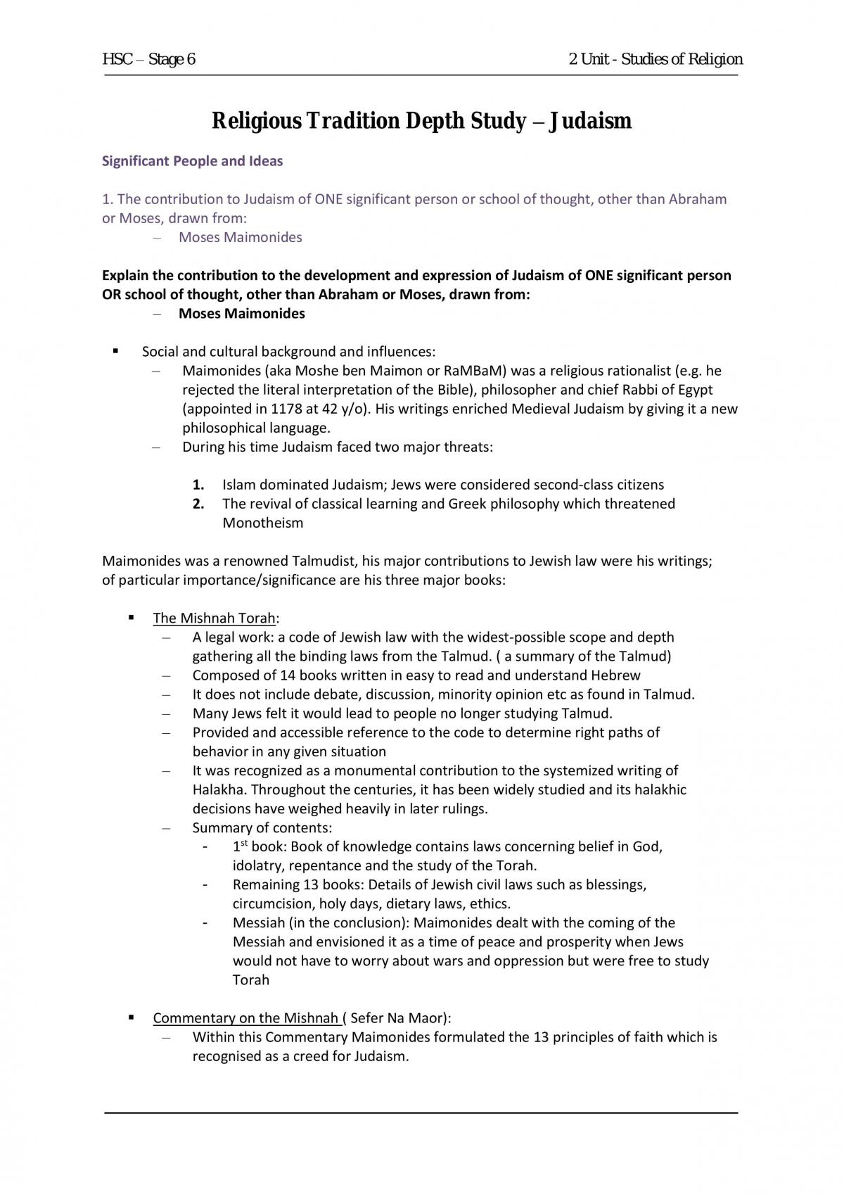 Syllabus Notes - Depth Study Judaism - Page 1