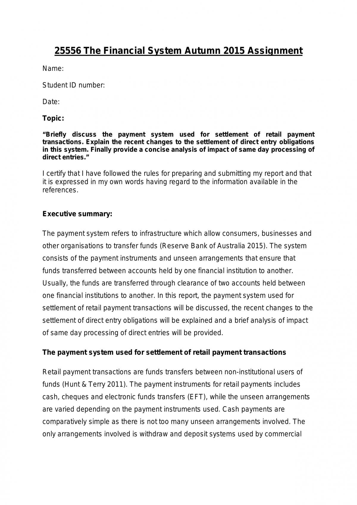 UTS: 25556 Financial System Assignment - Page 1