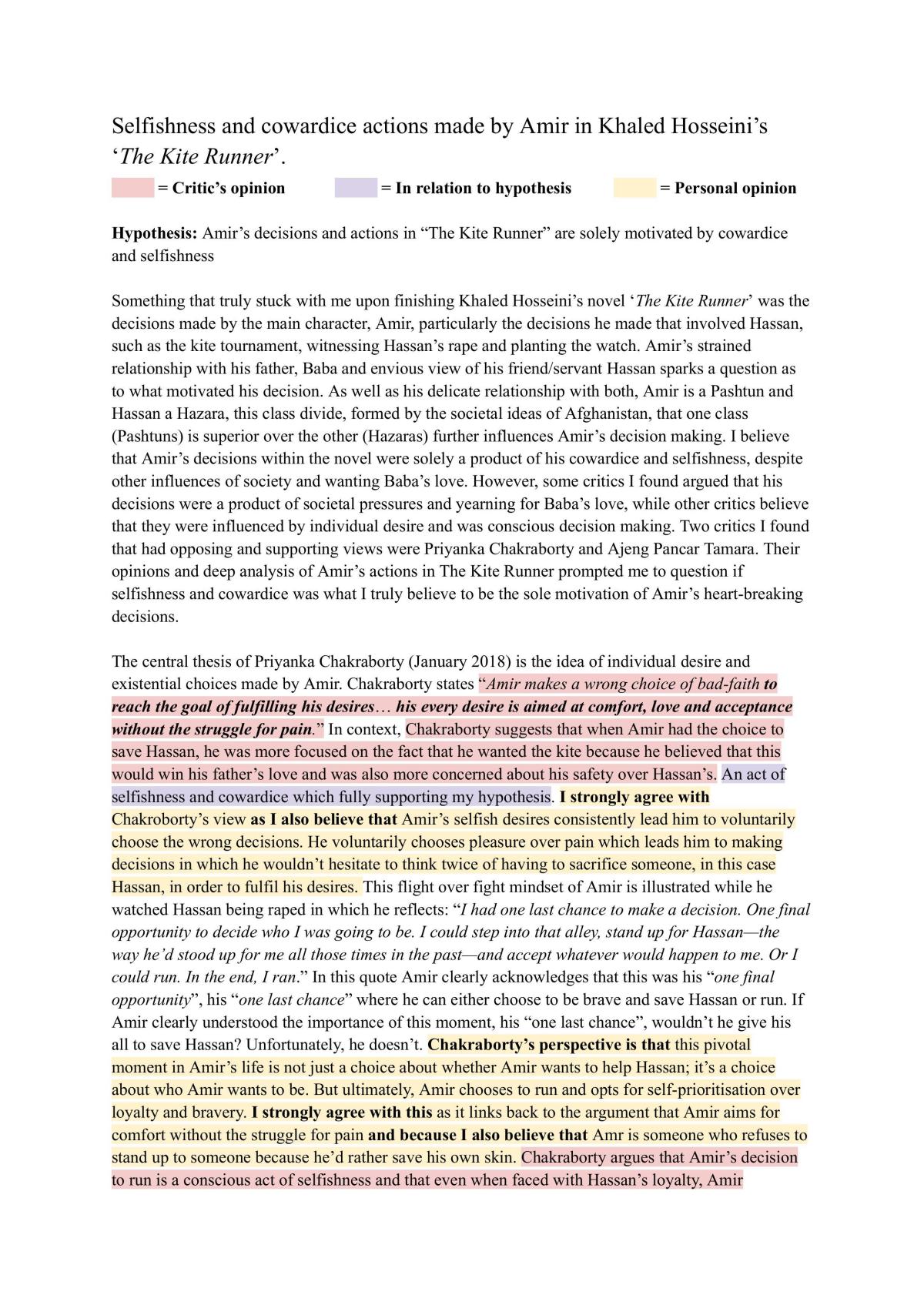 Level 3 Critical Analyse - The Kite Runner - Page 1