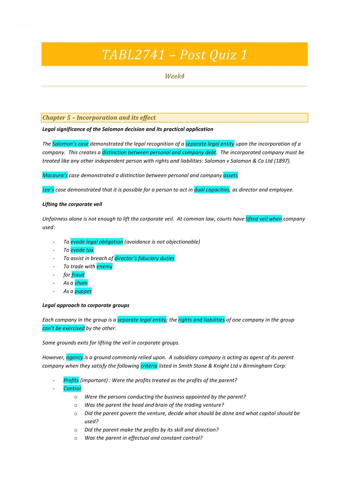 TABL2741 Complete Study Notes (Post Quiz 1) - Page 1