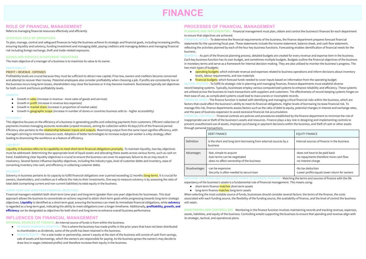 Finance A3 Study Sheet - Page 1