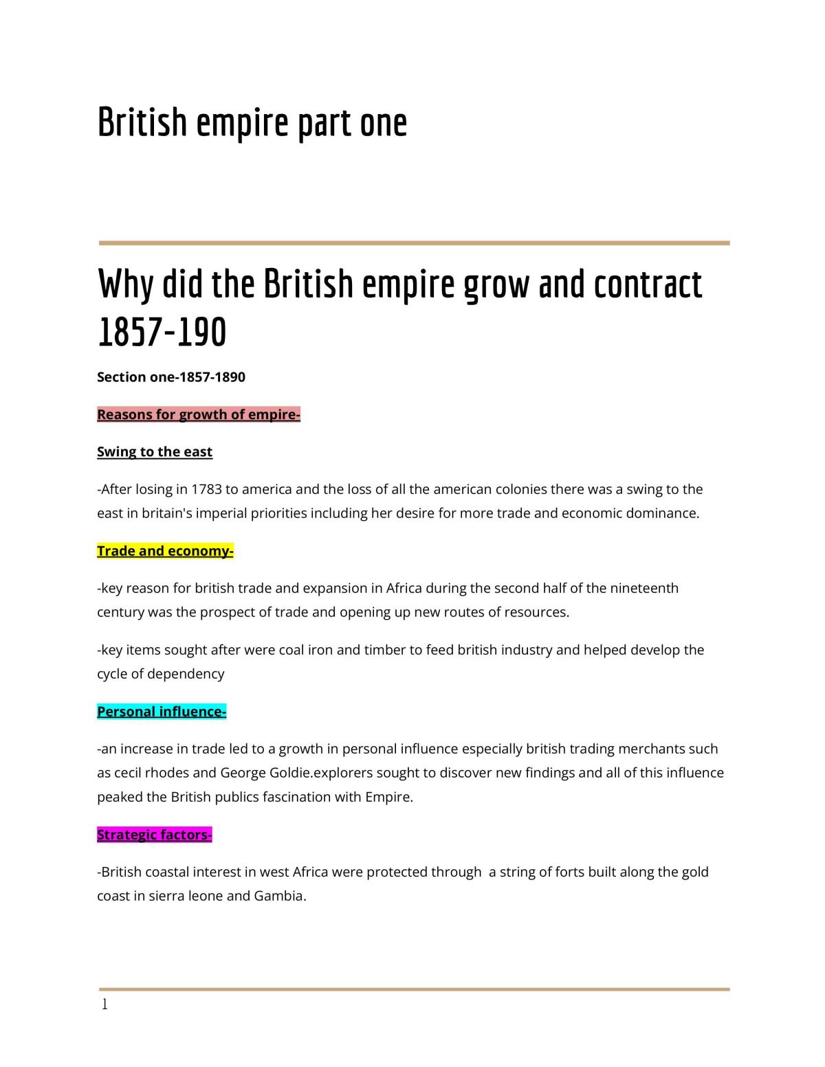 Completed Study Notes on Section One of the British Empire  - Page 1
