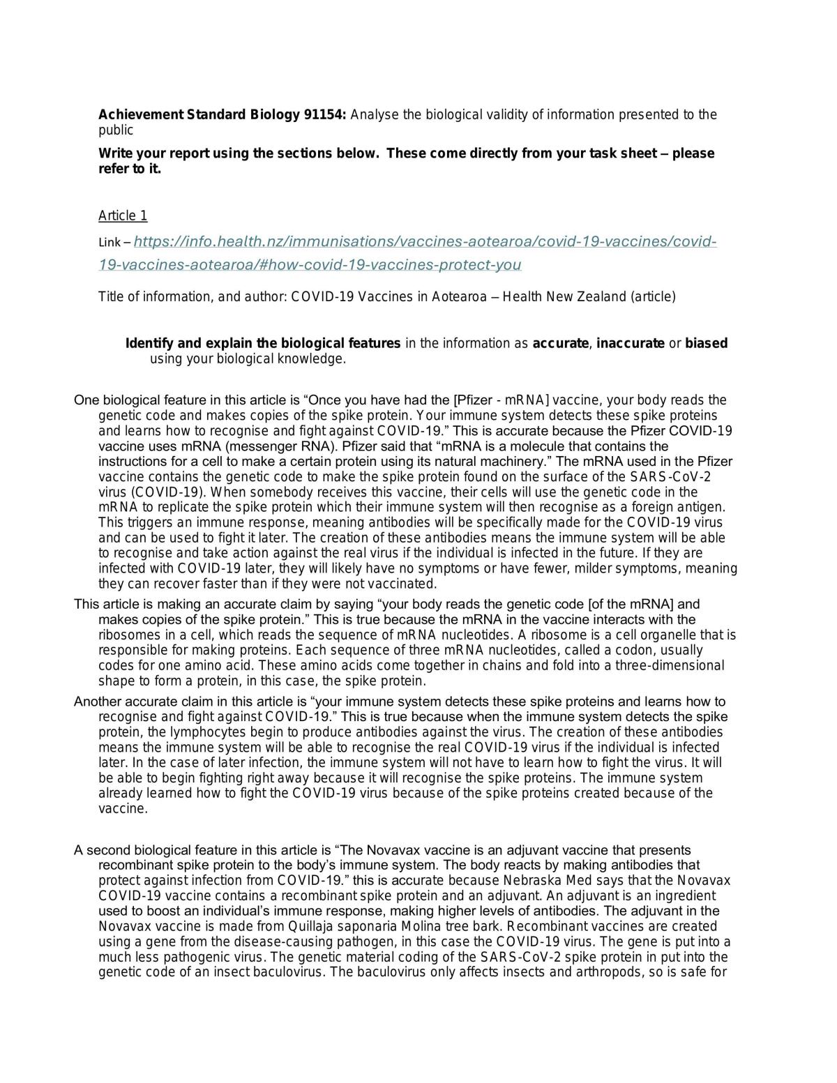 Level 2 Biology Standard 91154 - Page 1