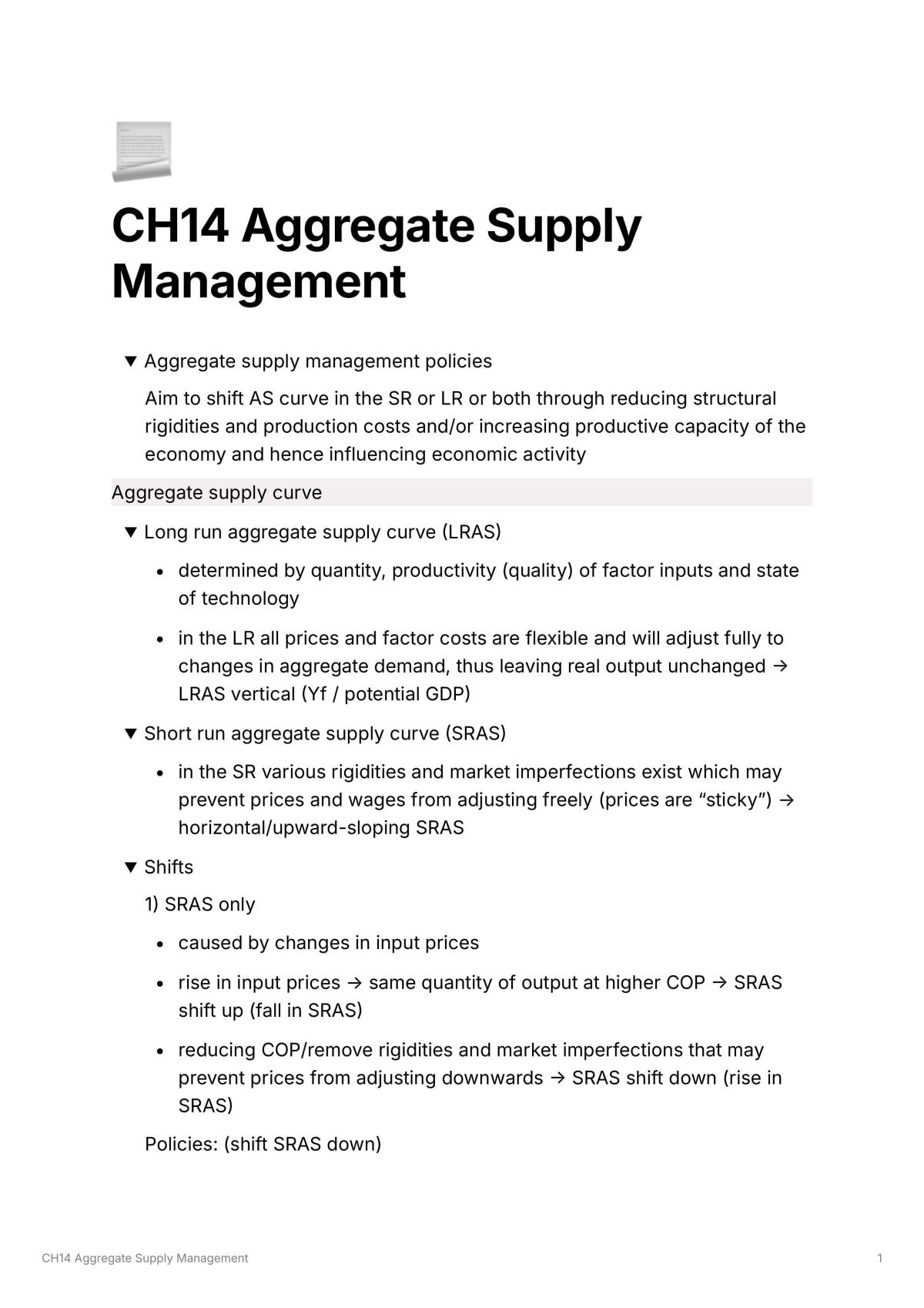 H2 Econs Aggregate Supply Management Notes - Page 1