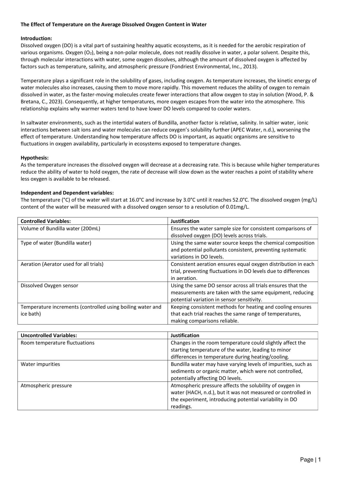 The Effect of Temperature on the Average Dissolved Oxygen Content in Water - Page 1