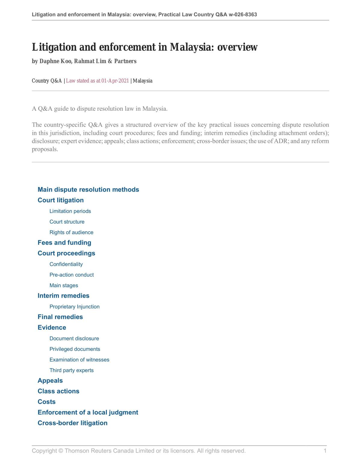 Malaysian LItigation Overview - Page 1