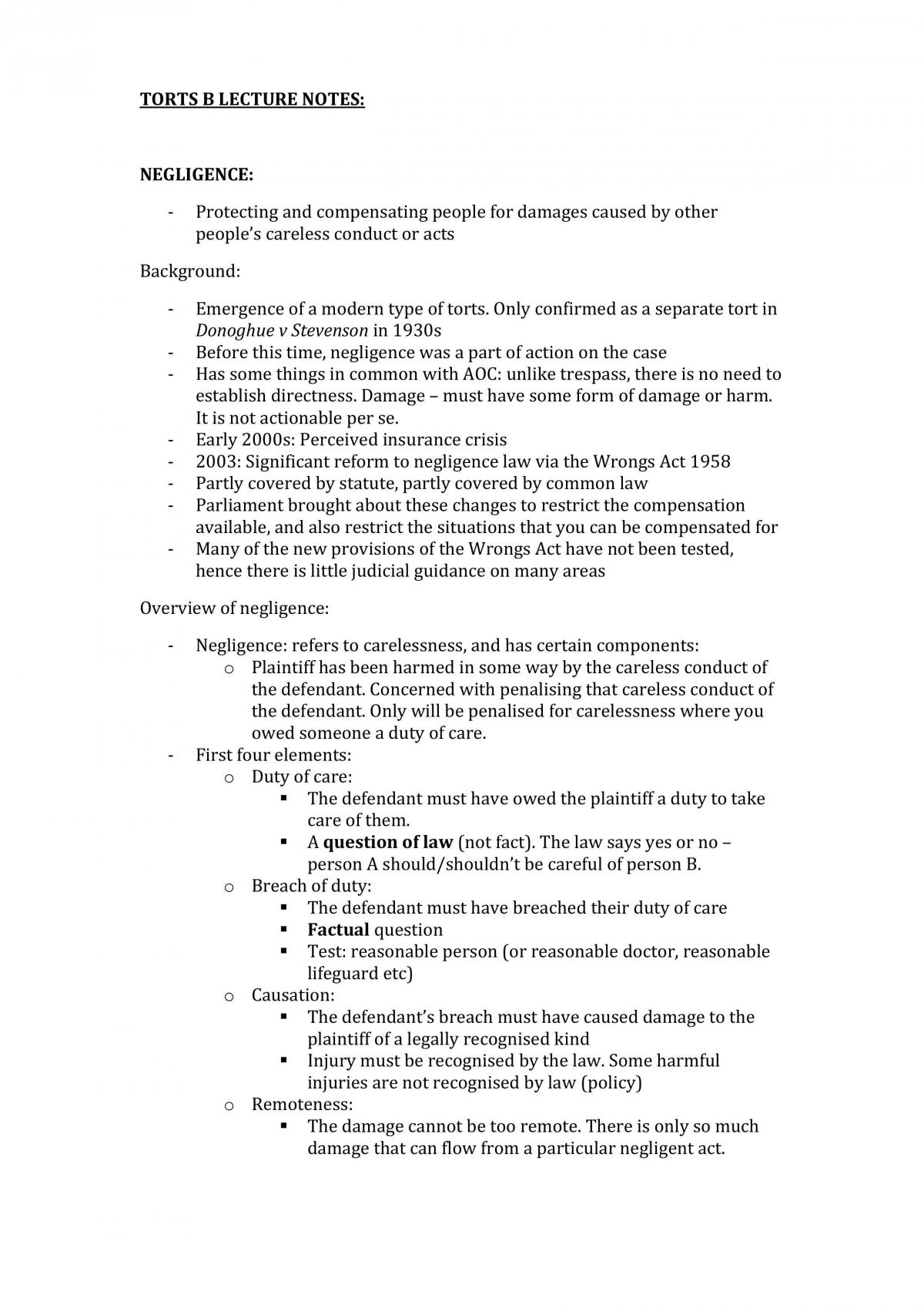 LAW2202 Torts B Course Notes - Page 1
