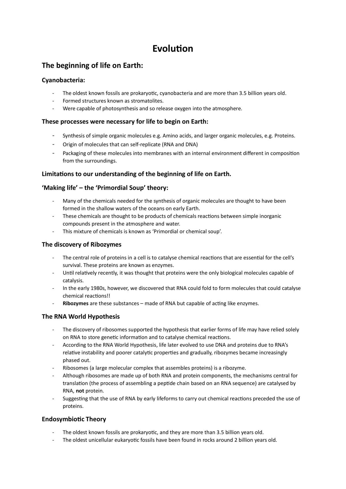 Evolution Year 12  Biology Study Notes - Page 1