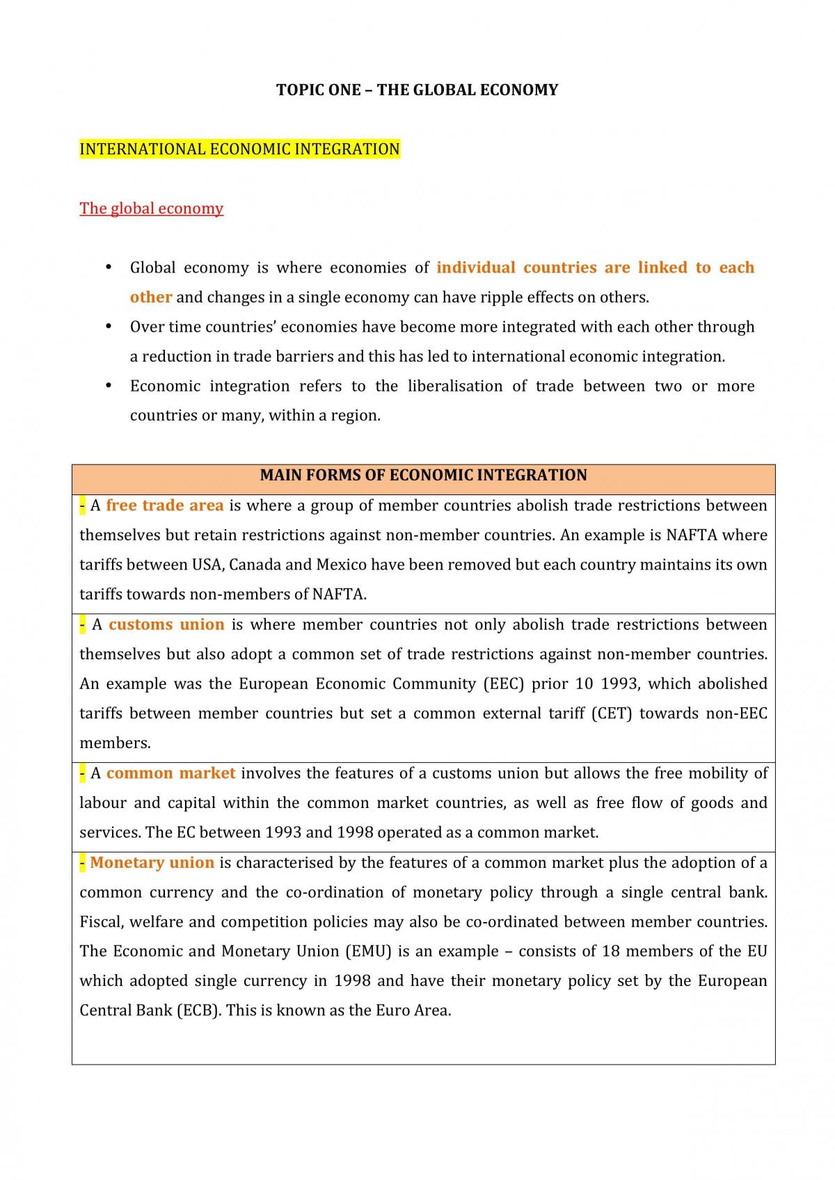 Topic One: International Economic Integration - Page 1