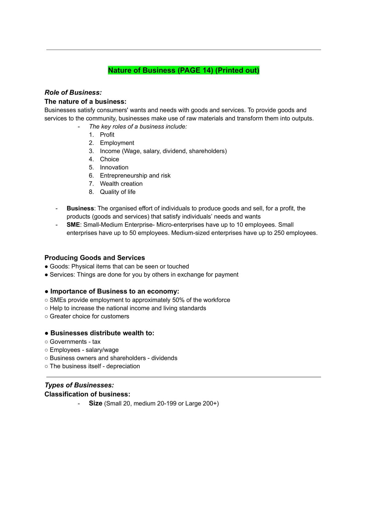 Business Studies Prelim Study Notes - Page 1