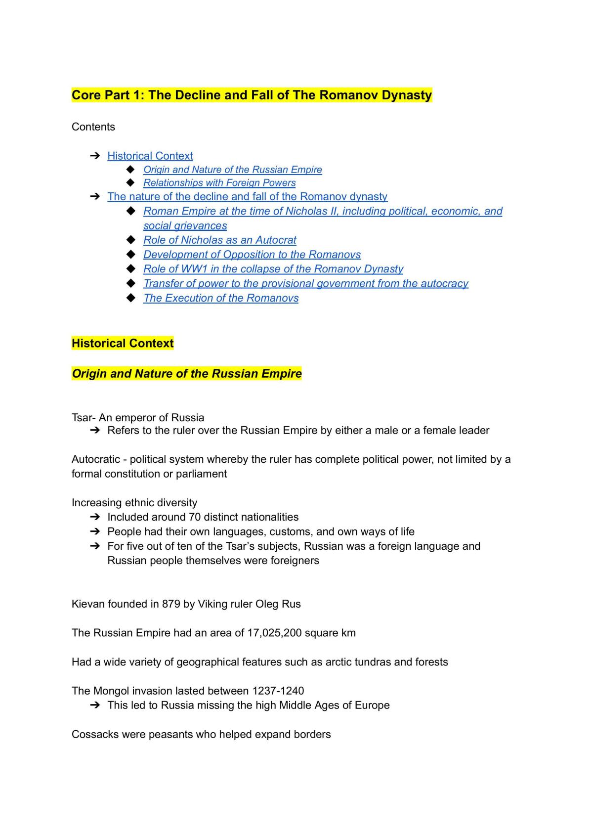 Study Notes on the Decline and Fall of the Romanov Dynasty - Page 1