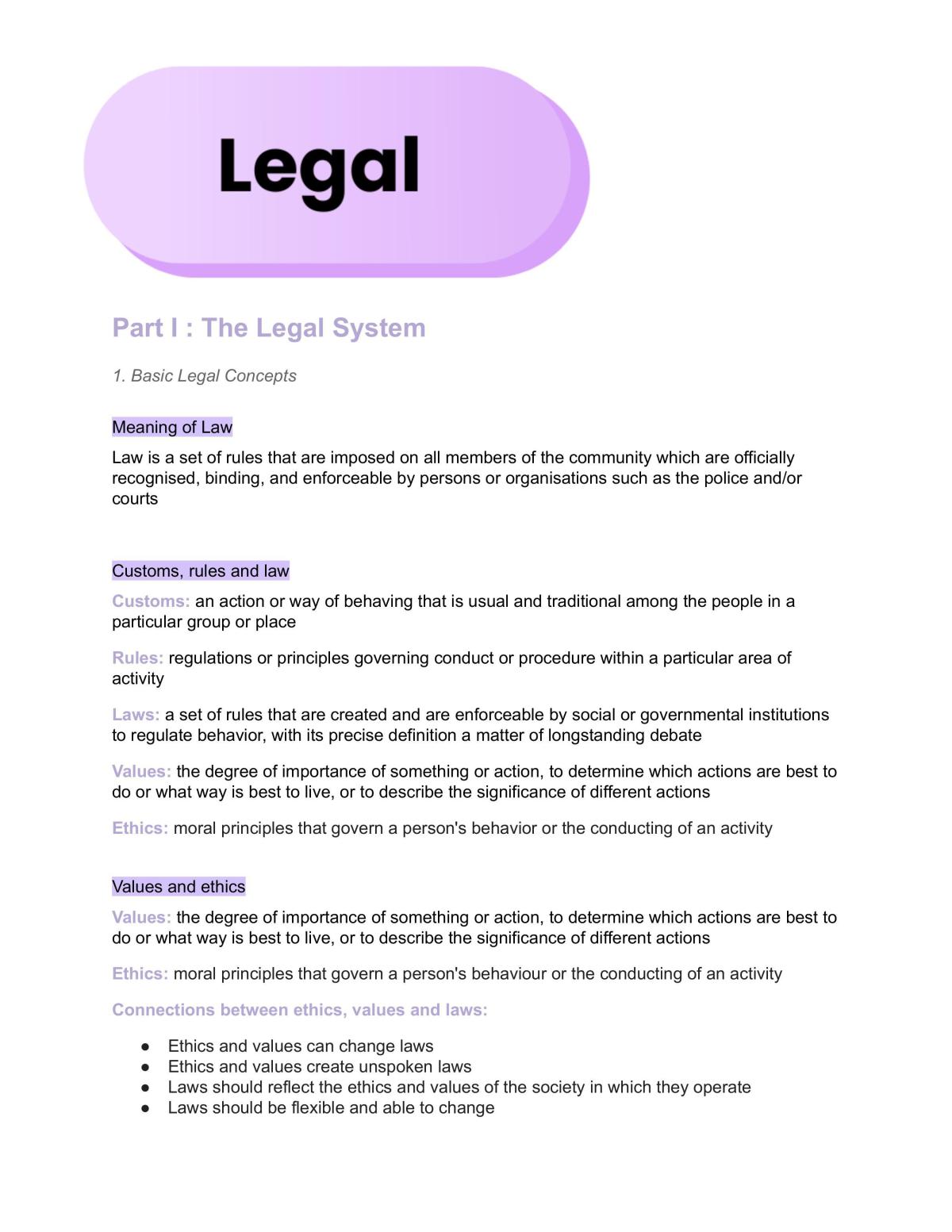 Legal Year 11 Study Notes - Page 1