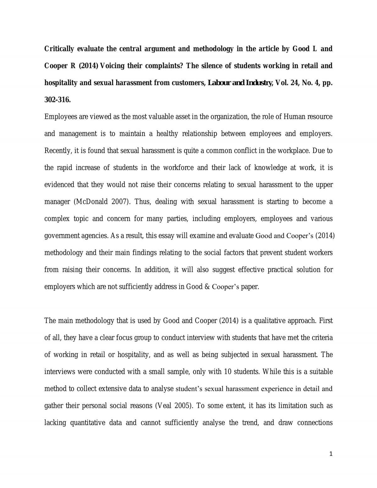Critically Evaluate the Central Argument and Methodology in the article by Good L and Cooper R (2014) Voicing Their Complaints?  - Page 1