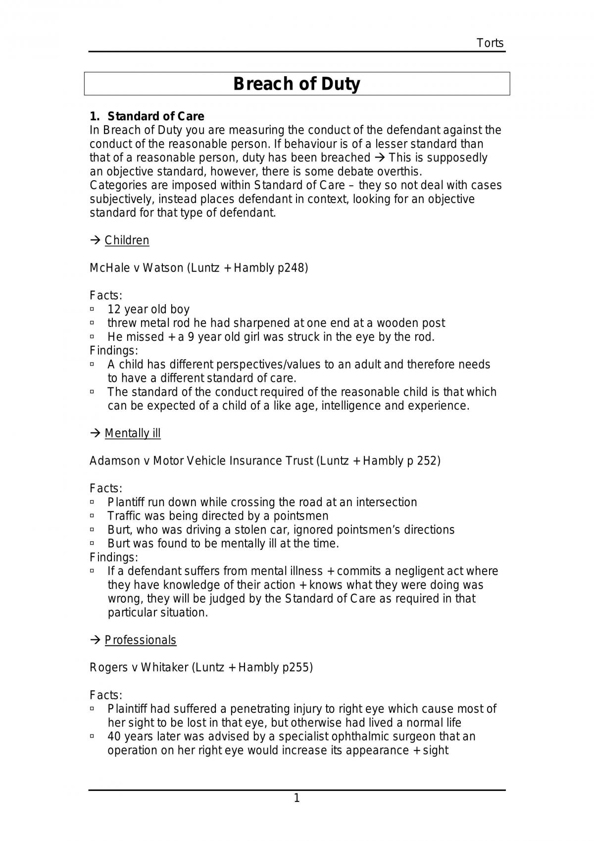 Great Torts Notes - Cases & Issues - Page 1