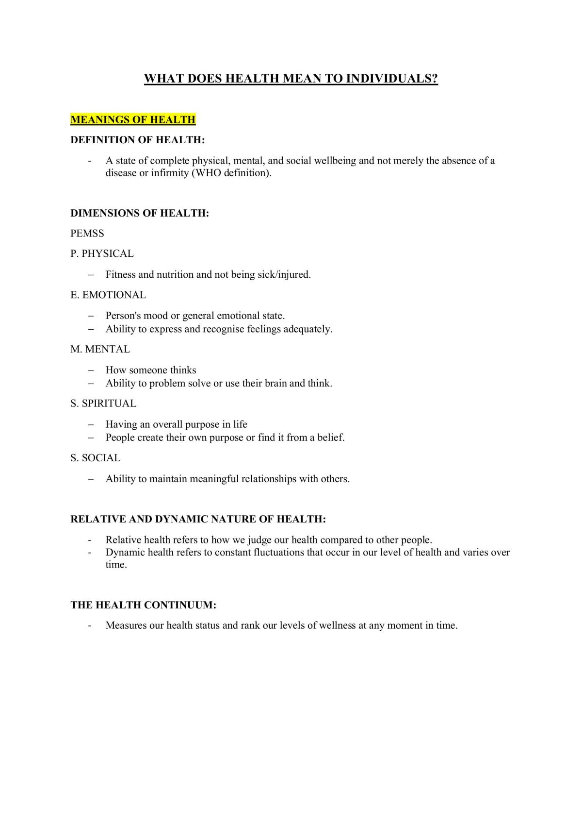 Year 11 PDHPE Study Notes - Page 1