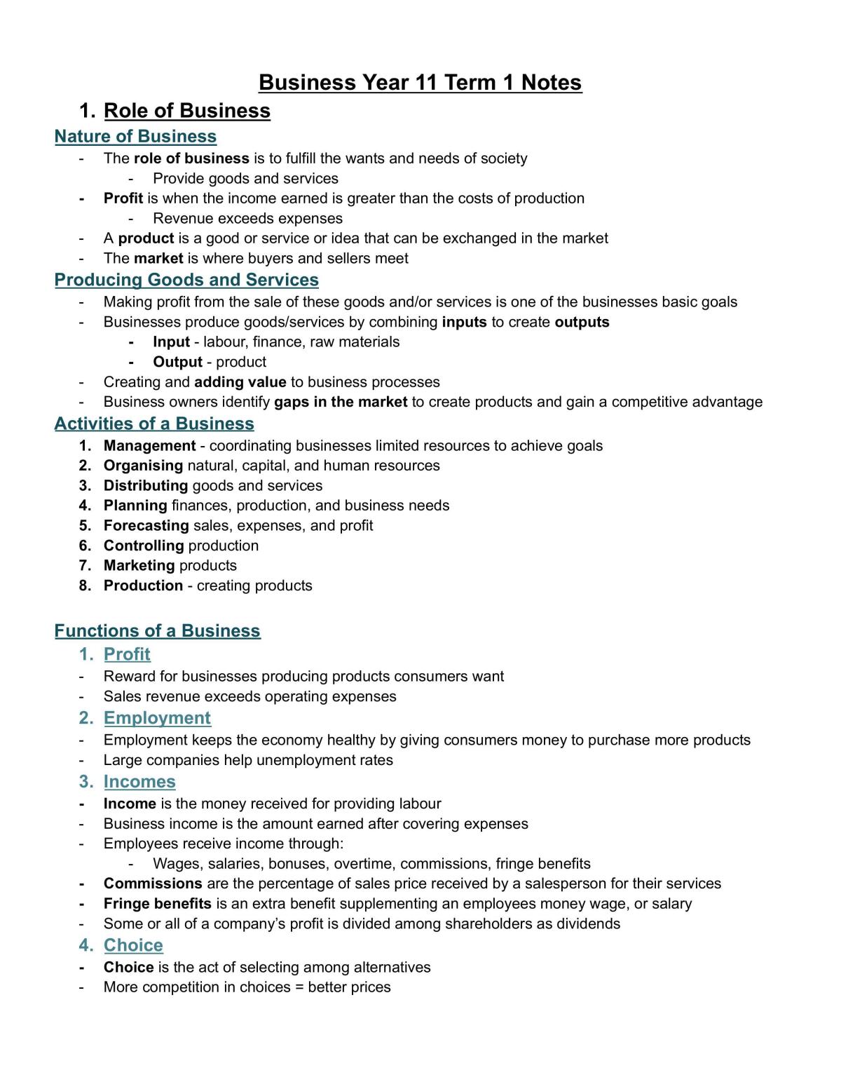 Year 11 Business Studies Topic 1 Study Notes - Page 1