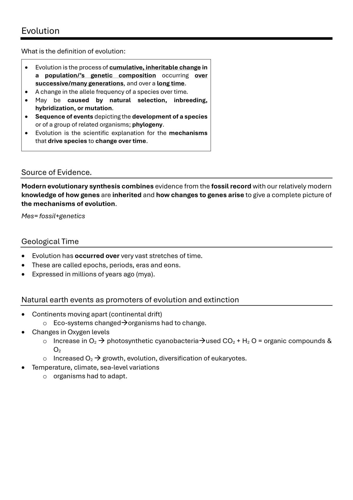 Biology Year 12 - Evolution (Evidence of Evolution, mechanisms, speciation, extinction, conservation ) - Page 1