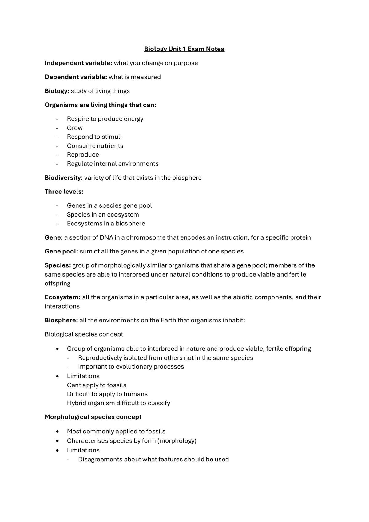 Biology Unit 1 + 2 Notes - Page 1