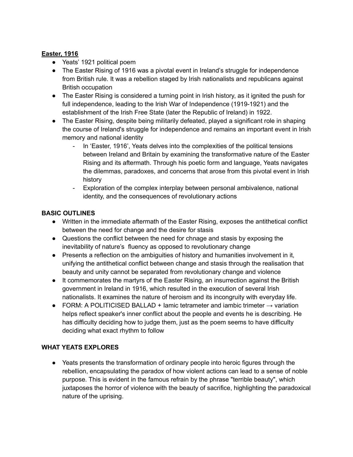 Complete Notes on Yeats' Poetry + Exam Tips + Quote table - Page 1