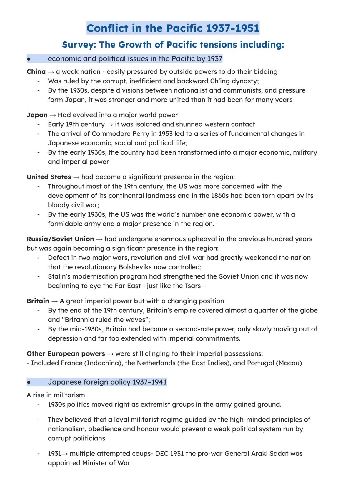 Conflict in the Pacific full course notes - Page 1