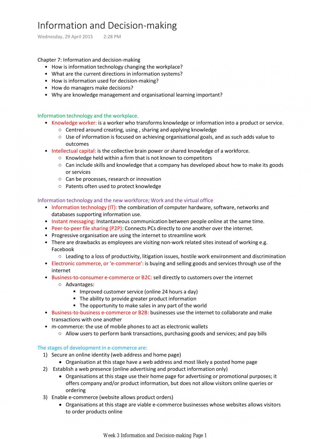 Notes Week 3 Information and Decision-Making - Page 1