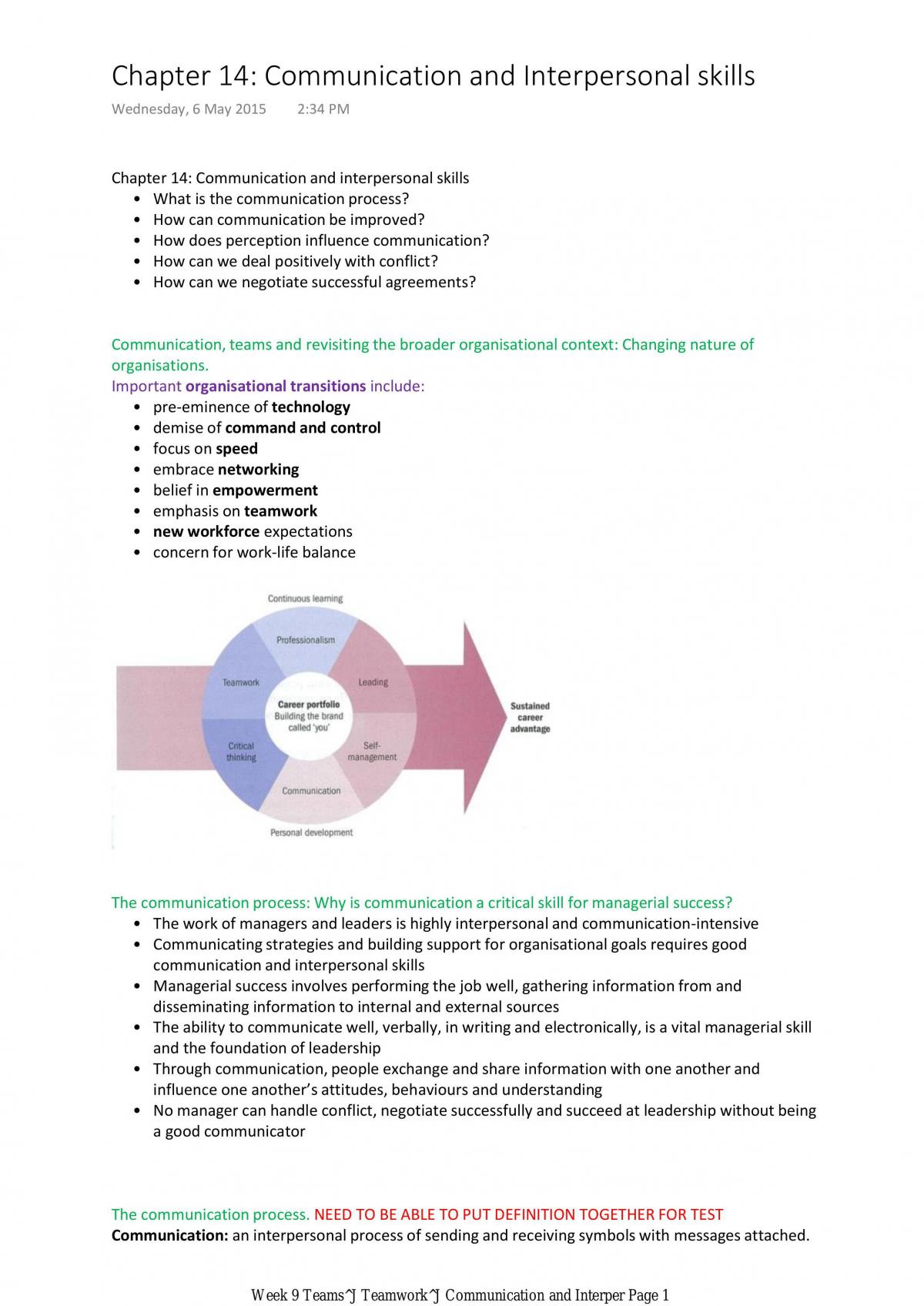 Notes Week 9 Teamwork, Communication and Interpersonal Skills - Page 1