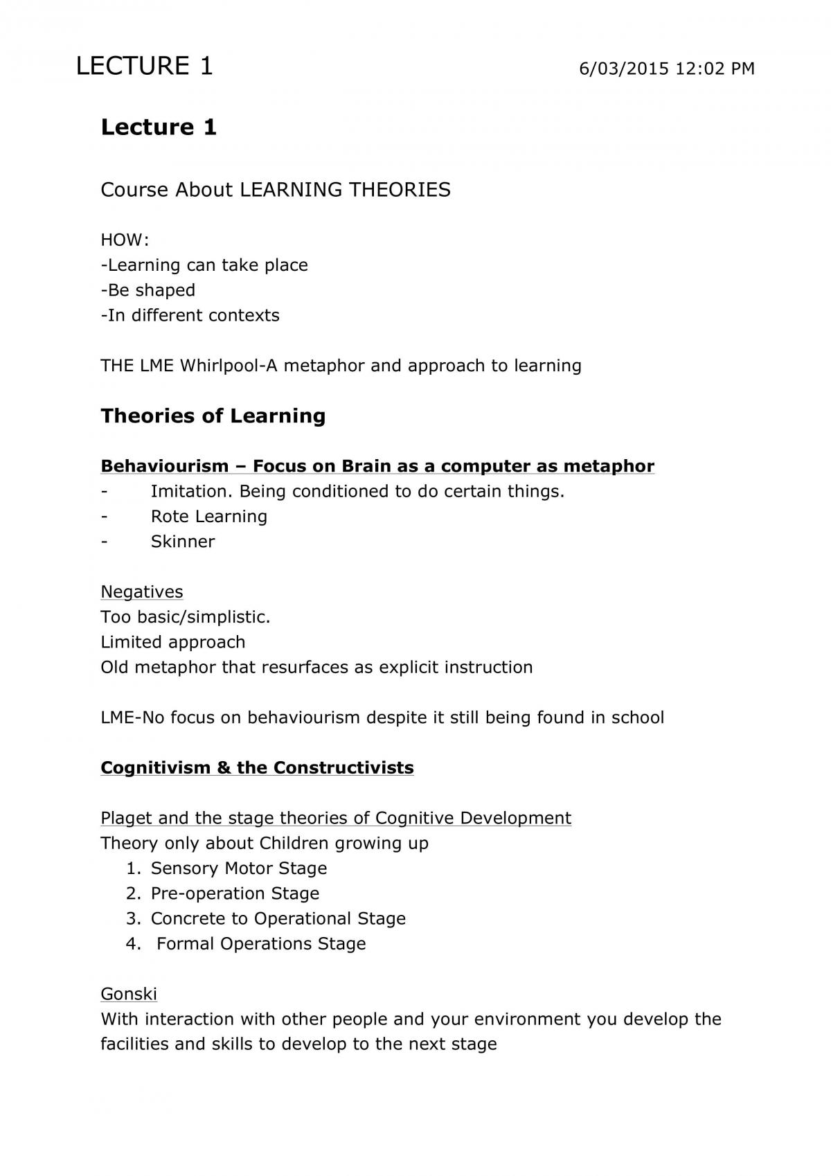 Educ2071- Learning, Mind & Education Lecture Notes  - Page 1