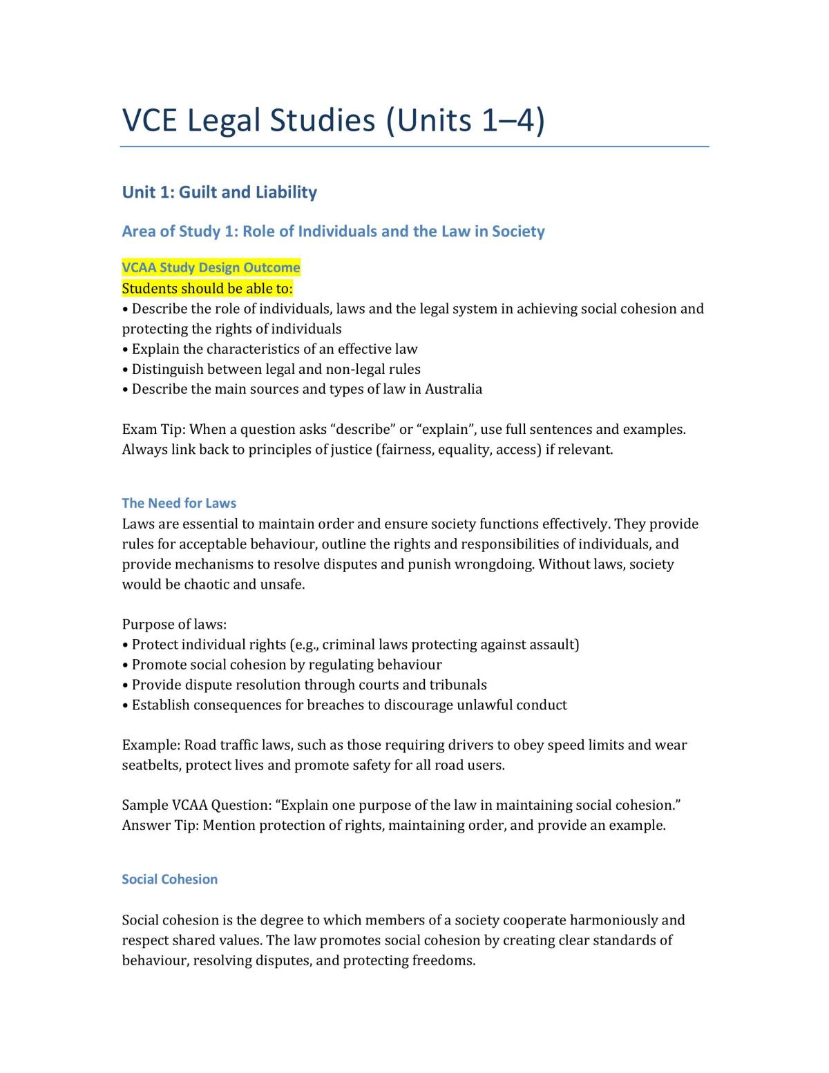 VCE Legal Studies Premium Notes Unit 1-4 - Page 1