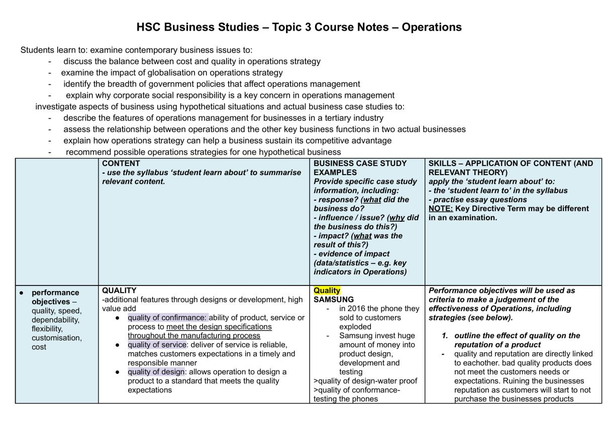 Yr 12 Business Studies - Operations Notes  - Page 1