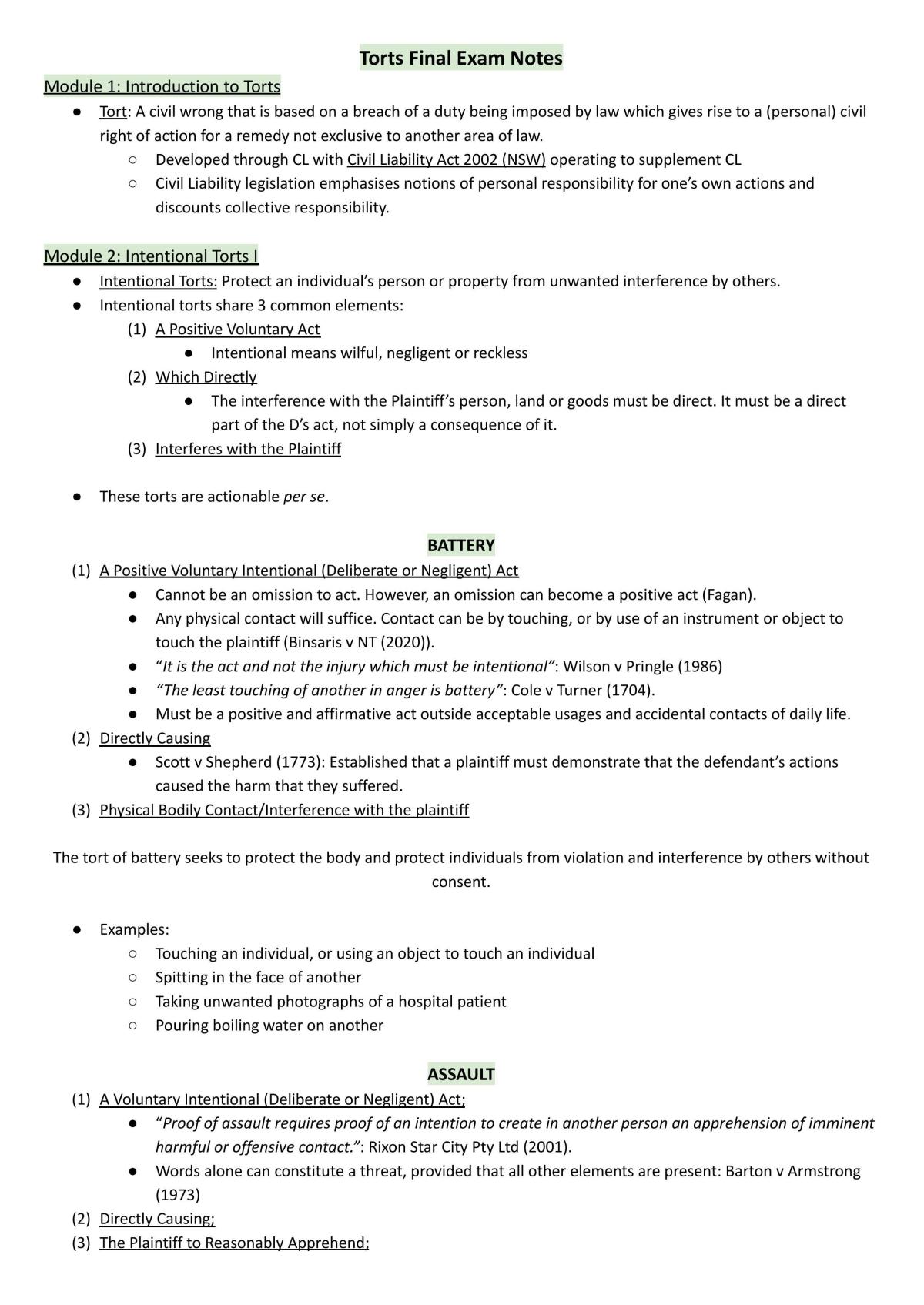 70311 - Torts UTS Notes  - Page 1