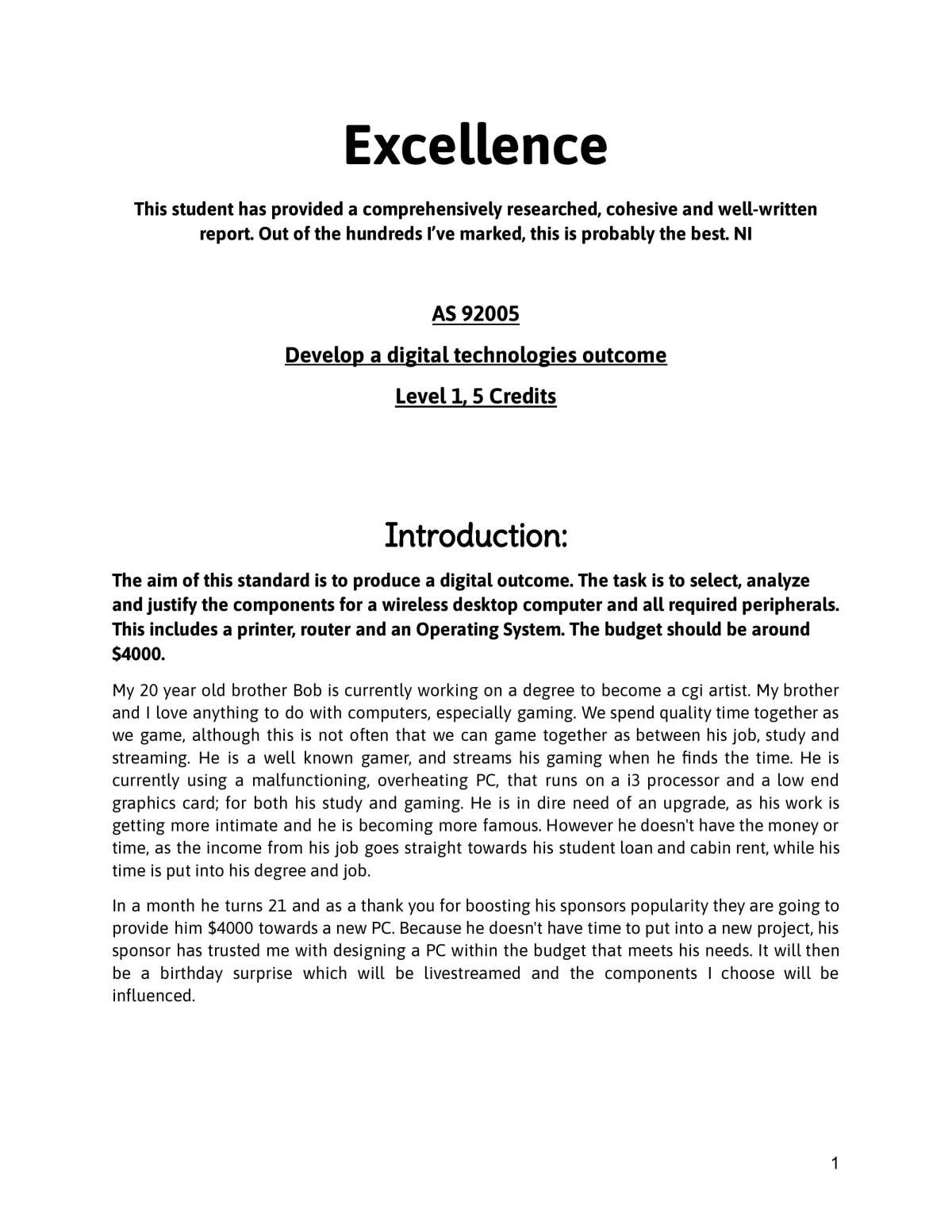 AS 92005 Level 1 Digital Technologies High Excellence Exemplar - Page 1