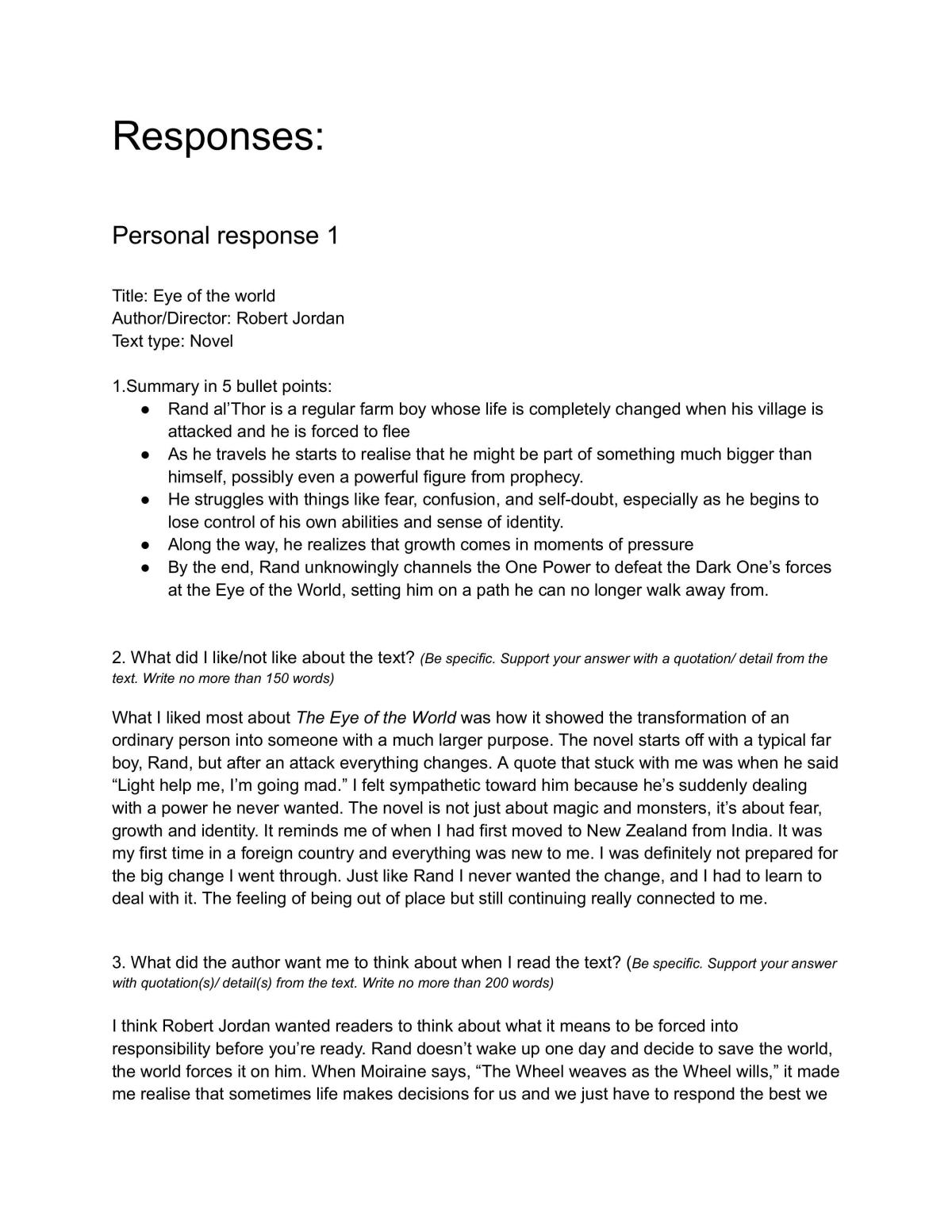 Reading Responses - AS91106 (2.9)  - Page 1